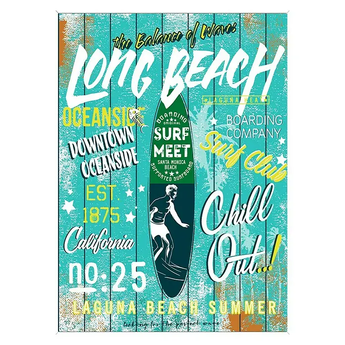 Cuadro Long Beach - Tabla surf, An x Al: 50 x 70 cm