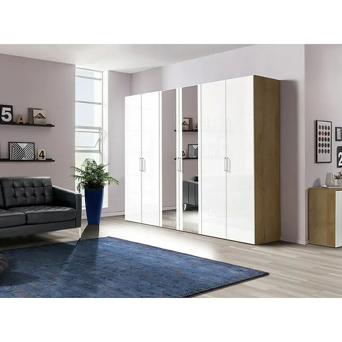 Express Möbel Kleiderschrank Brooklyn - L x B x H: 58 x 300 x 216 cm, Riviera Eiche/Weiß, Lackiert, 2 Spiegel - Stimmungsaufnahme