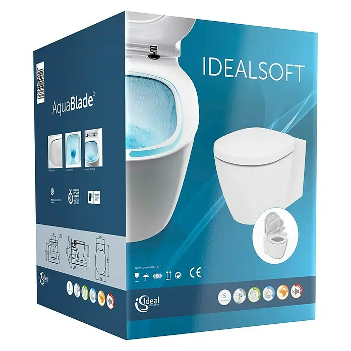 Ideal Standard Komplet zidne WC školjke Aquablade - Bez ruba, S antibakterijskom glazurom, Oblik ispiranja: Duboko, WC odvod: Vodoravno, Bijele boje - Dijagonalni pogled