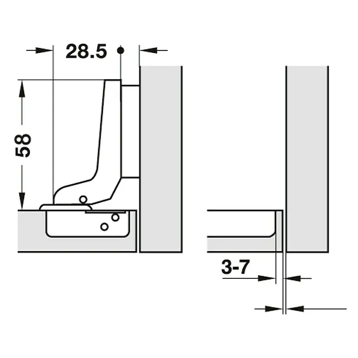 Stabilit Topfscharnier - Innenanschlag, Durchmesser Topf: 35 mm, Öffnungswinkel: 110 °, Schließautomatik - Skizze