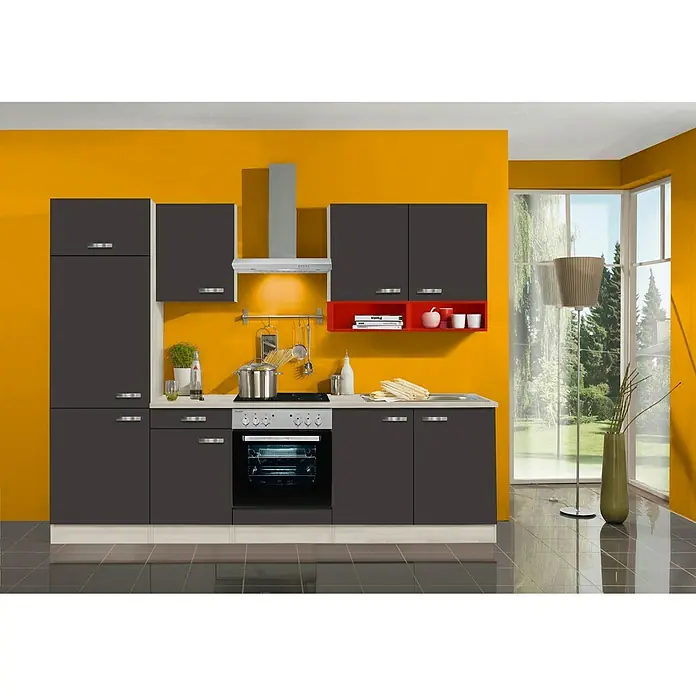 Optifit Keukenblok Faro - Breedte: 270 cm, Met elektrische apparatuur, Antraciet, Kleur open kastdelen: Rood - Vooraanzicht