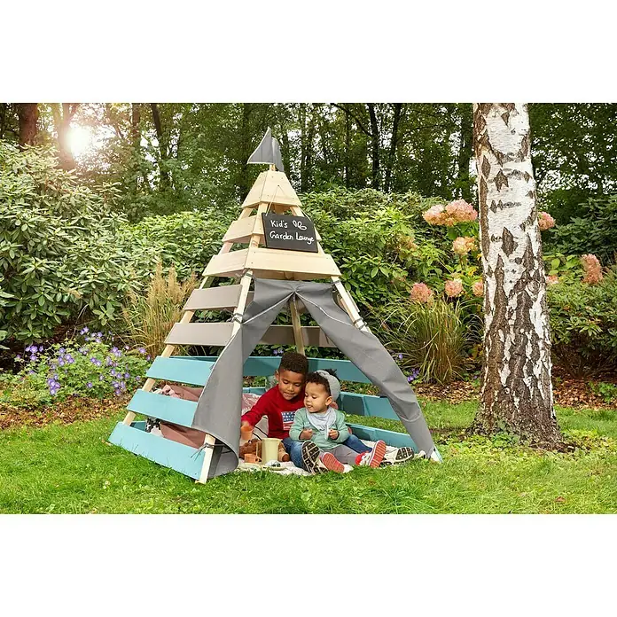 Muddy Buddy Tipi-Zelt Dreamer - L x B: 135 x 135 cm, Holz, Natur/Warmgrau/Petrolblau - Stimmungsaufnahme