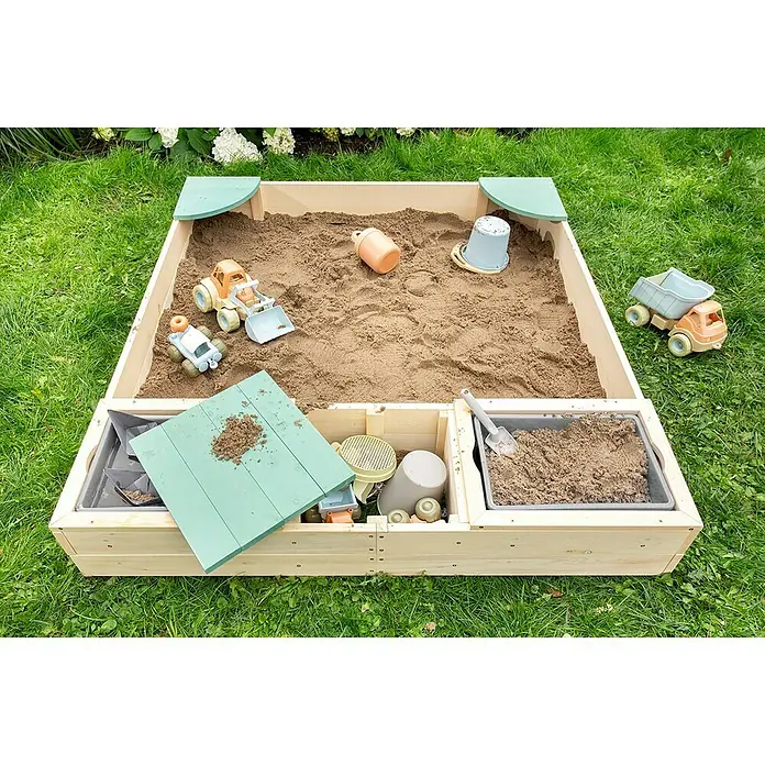 Muddy Buddy Sandkasten Beach Rebel - 135 x 125 x 20 cm, Holz, Salbeigrün/Natur - Stimmungsaufnahme