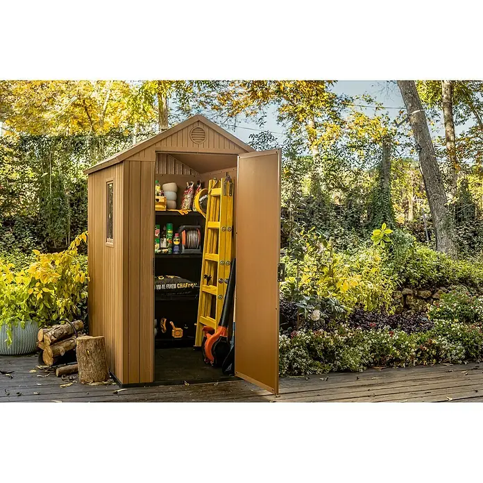 Keter Caseta para jardín Darwin 4x6 - Ancho exterior incluido el voladizo del techo: 125,8 cm, Profundidad exterior incluido el voladizo del techo: 190 cm, Plástico, Marrón