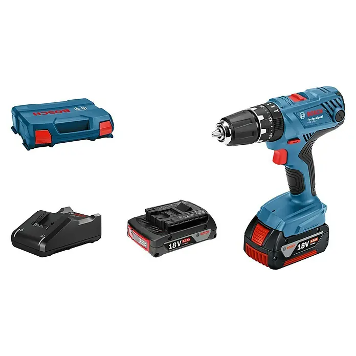 Bosch Professional Akku-Schlagbohrschrauber GSB 18V-21 - 18 V, 2 Akkus, 2 Ah - 4 Ah, Leerlaufdrehzahl: 0 U/min - 1.800 U/min, 5 -tlg. - Vorderansicht