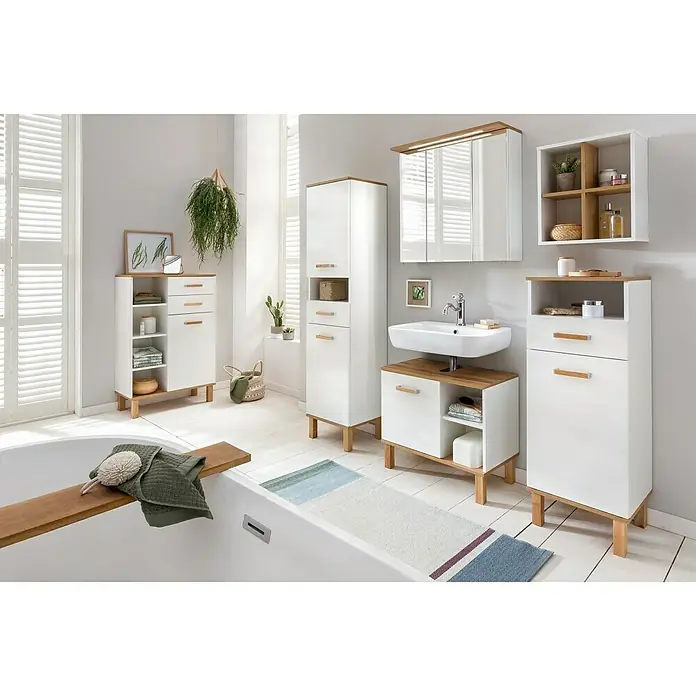 Schildmeyer Padua Highboard - 67 x 35 x 115 cm, Weiß/Eiche - Stimmungsaufnahme