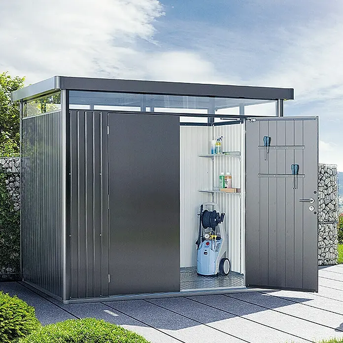 Biohort Gerätehaus HighLine - 275 x 275 cm, Stahl, Dunkelgrau Metallic, Doppeltür