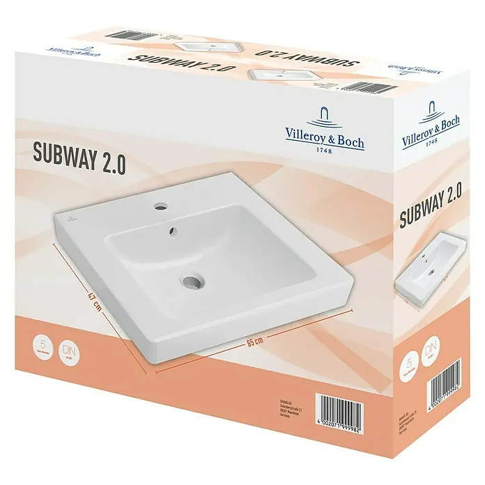 Villeroy & Boch Subway 2.0 Waschtisch - 65 x 47 cm, Ohne Spezialglasur, Hahnloch: Mitte, Mit Überlauf, Weiß
