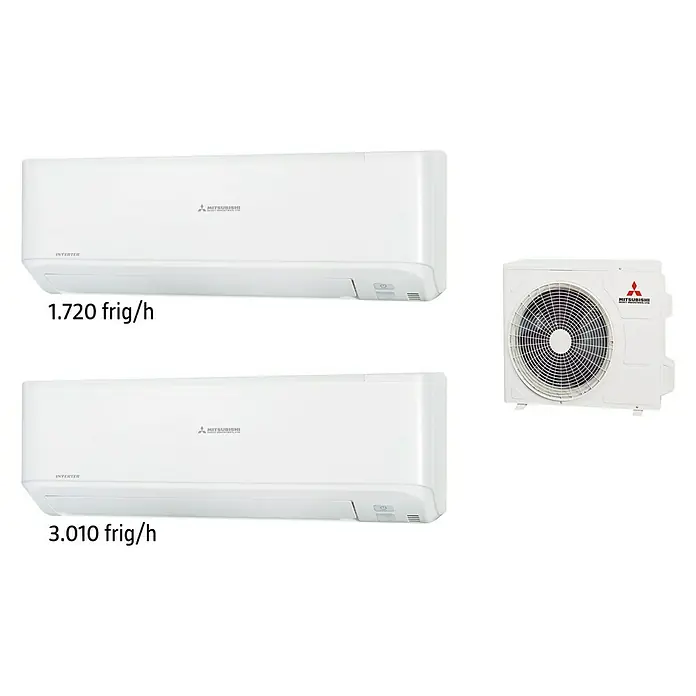 Mitsubishi Aire acondicionado Inverter 2x1 SCM-ZM - Potencia frigorífica máx. por unidad en BTU/h: 11.942 BTU/h, Potencia calorífica máx. por equipo en BTU/h: 13.648 BTU/h, Espacios hasta 20 m² y 25 m²