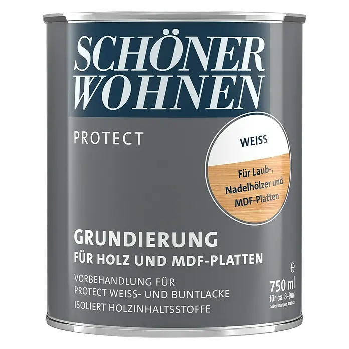 SCHÖNER WOHNEN-Farbe Protect Grundierung für Holz und MDF-Platten - Reinweiß, 750 ml, Matt - Vorderansicht