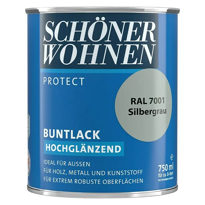 SCHÖNER WOHNEN-Farbe Protect Buntlack RAL 7001 - Silbergrau, 750 ml, Hochglänzend - Vorderansicht