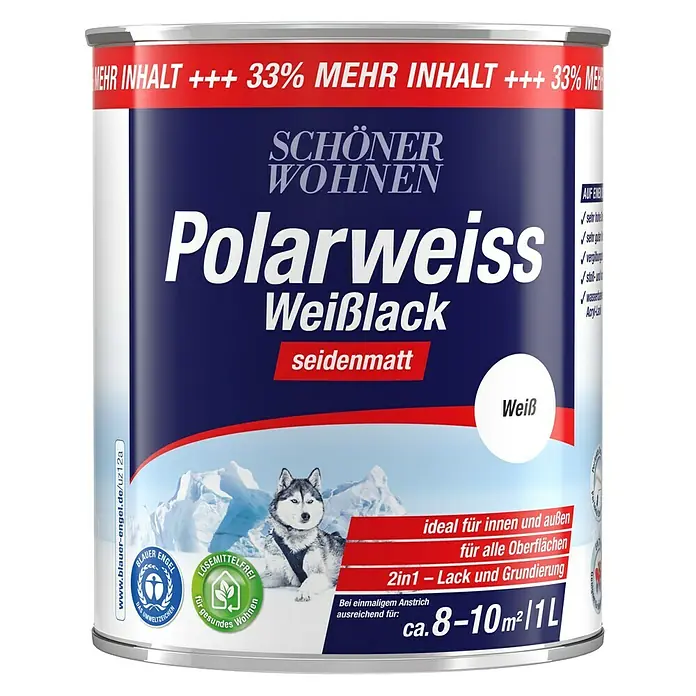 SCHÖNER WOHNEN-Farbe Weißlack Polarweiß - 1 l, Weiß, Seidenmatt - Vorderansicht