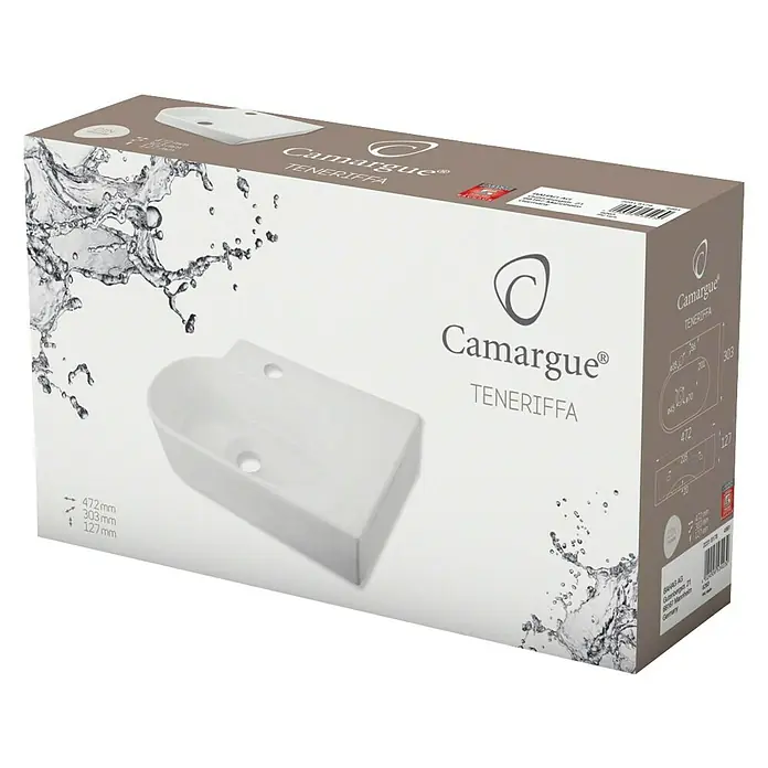 Camargue Fontein Teneriffa - b x l: 47,2 x 30,3 cm, Voorzien van standaardglazuur, Kraangat: Midden, Met overloop, Wit