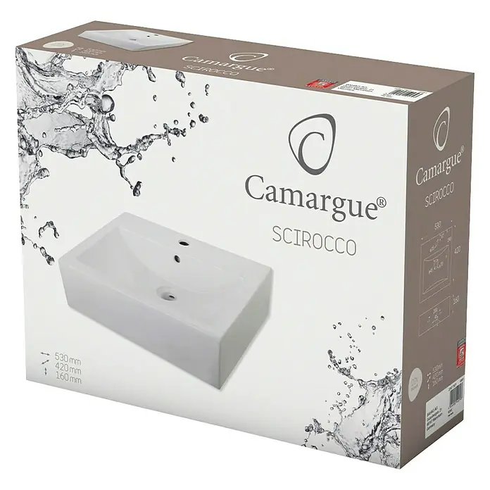 Camargue Waschtisch Scirocco - 53 x 42 cm, Ohne Spezialglasur, Hahnloch: Mitte, Mit Überlauf, Weiß