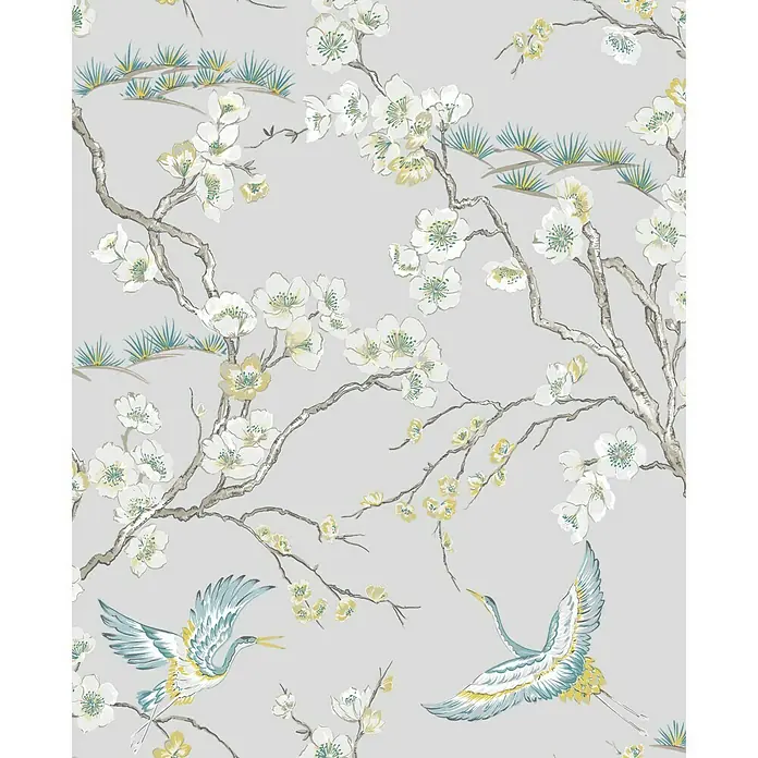 Papel pintado Flor japonesa - Blanco/Azul, 10 x 0,53 m