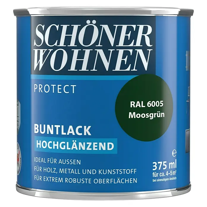 SCHÖNER WOHNEN-Farbe Protect Buntlack RAL 6005 - Moosgrün, 375 ml, Hochglänzend - Vorderansicht