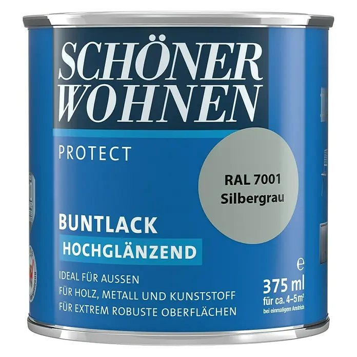 SCHÖNER WOHNEN-Farbe Protect Buntlack RAL 7001 - Silbergrau, 375 ml, Hochglänzend - Vorderansicht