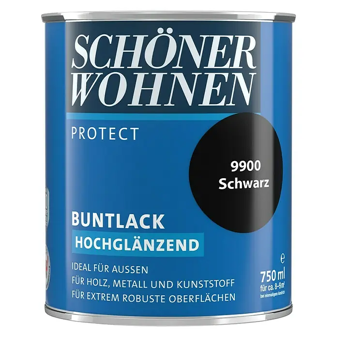 SCHÖNER WOHNEN-Farbe Protect Buntlack - Schwarz, 750 ml, Hochglänzend - Vorderansicht