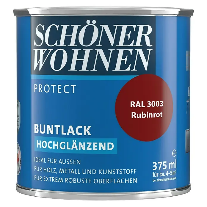 SCHÖNER WOHNEN-Farbe Protect Buntlack RAL 3003 - Rubinrot, 375 ml, Hochglänzend - Vorderansicht
