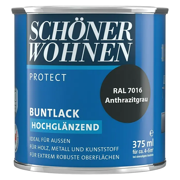 SCHÖNER WOHNEN-Farbe Protect Buntlack RAL 7016 - Anthrazitgrau, 375 ml, Hochglänzend - Vorderansicht