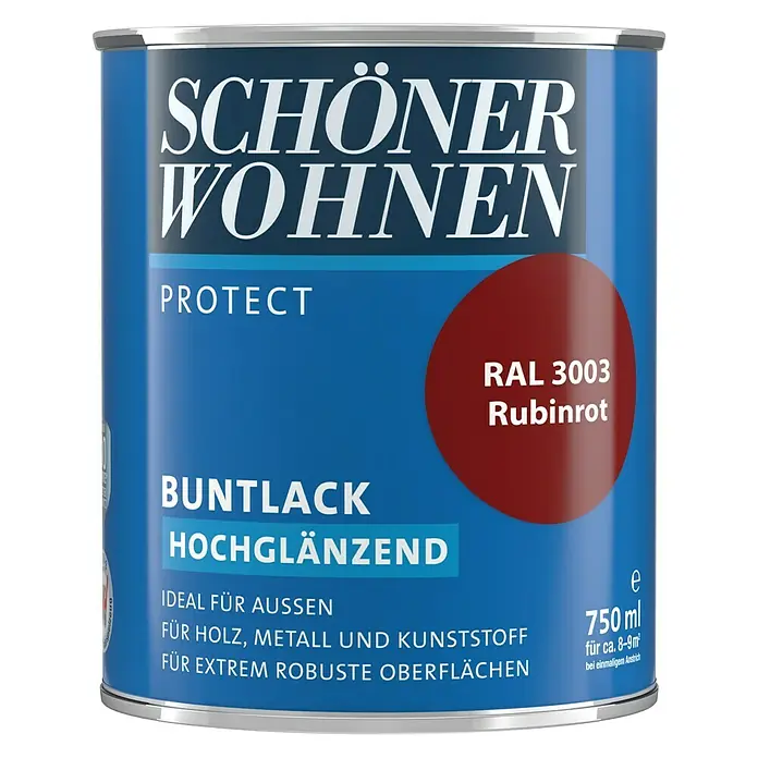SCHÖNER WOHNEN-Farbe Protect Buntlack RAL 3003 - Rubinrot, 750 ml, Hochglänzend - Vorderansicht