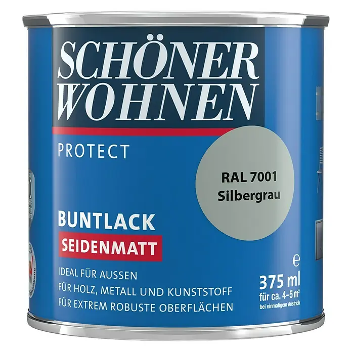 SCHÖNER WOHNEN-Farbe Protect Buntlack RAL 7001 - Silbergrau, 375 ml, Seidenmatt - Vorderansicht