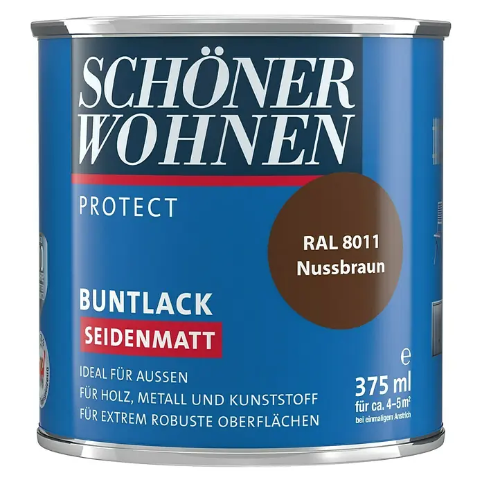 SCHÖNER WOHNEN-Farbe Protect Buntlack RAL 8011 - Nussbraun, 375 ml, Seidenmatt - Vorderansicht