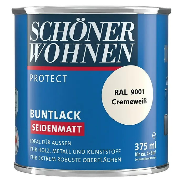 SCHÖNER WOHNEN-Farbe Protect Buntlack RAL 9001 - Cremeweiß, 375 ml, Seidenmatt - Vorderansicht