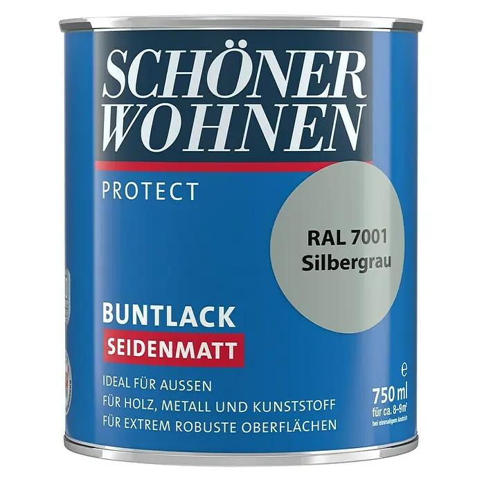 SCHÖNER WOHNEN-Farbe Protect Buntlack RAL 7001 - Silbergrau, 750 ml, Seidenmatt - Vorderansicht
