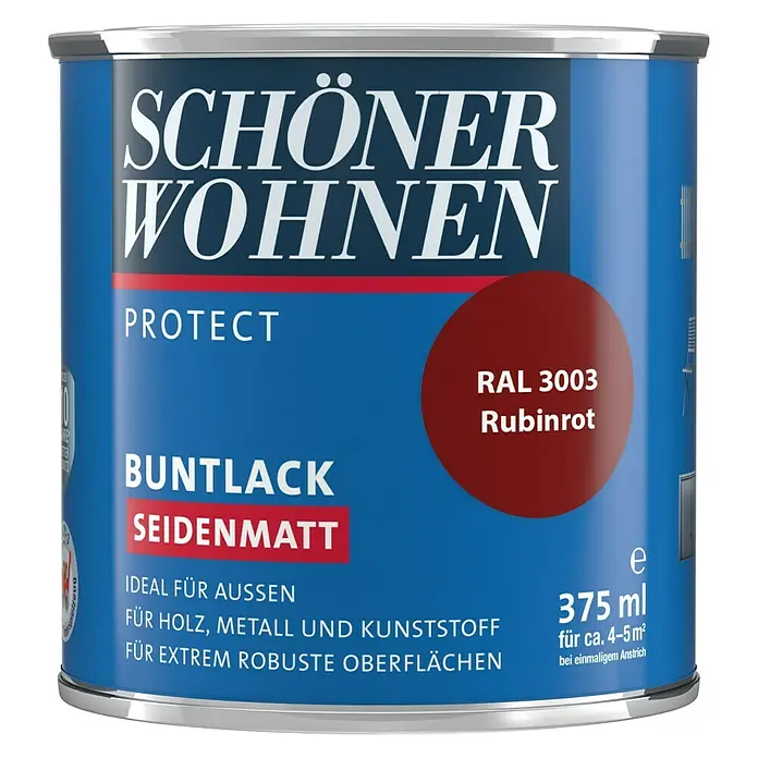 SCHÖNER WOHNEN-Farbe Protect Buntlack RAL 3003 - Rubinrot, 375 ml, Seidenmatt - Vorderansicht
