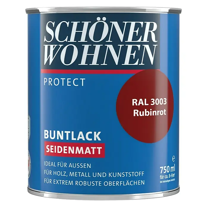 SCHÖNER WOHNEN-Farbe Protect Buntlack RAL 3003 - Rubinrot, 750 ml, Seidenmatt - Vorderansicht