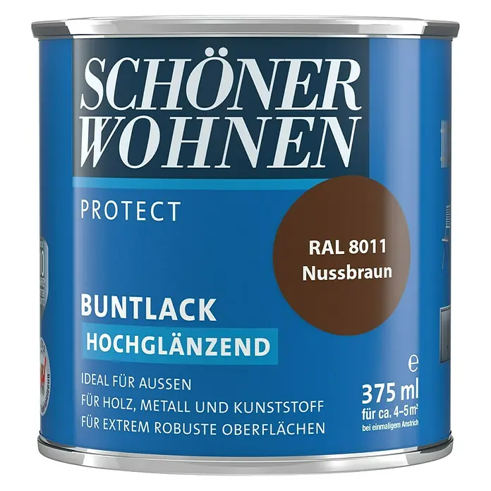 SCHÖNER WOHNEN-Farbe Protect Buntlack - Nussbraun, 375 ml, Hochglänzend - Vorderansicht