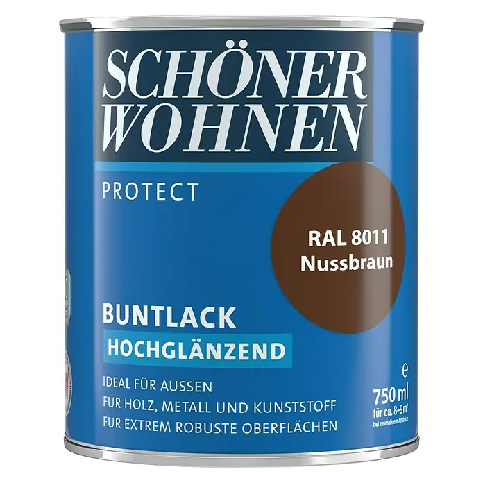SCHÖNER WOHNEN-Farbe Protect Buntlack - Nussbraun, 750 ml, Hochglänzend - Vorderansicht