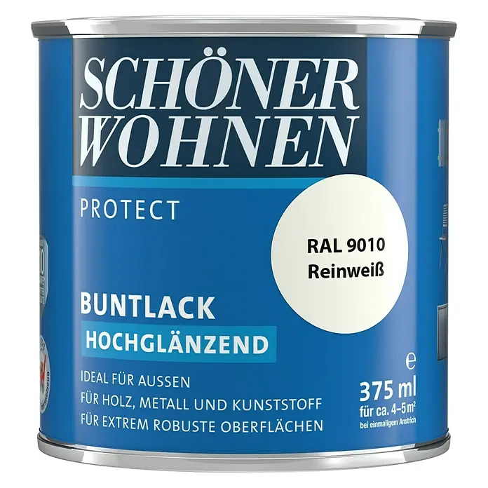 SCHÖNER WOHNEN-Farbe Protect Buntlack - Reinweiß, 375 ml, Hochglänzend - Vorderansicht