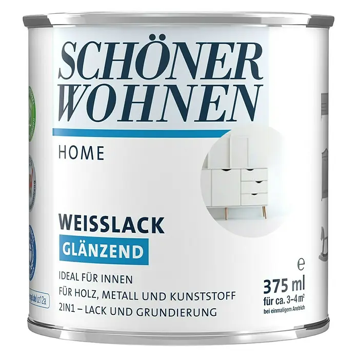 SCHÖNER WOHNEN-Farbe Home Weißlack - Reinweiß, 375 ml, Glänzend - Vorderansicht