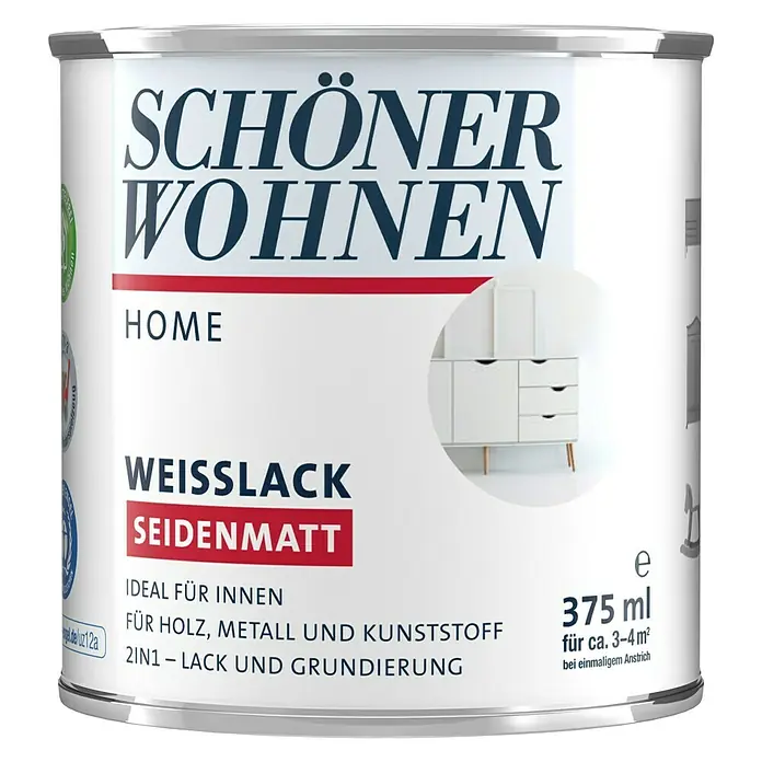 SCHÖNER WOHNEN-Farbe Home Weißlack - Reinweiß, 375 ml, Seidenmatt - Vorderansicht