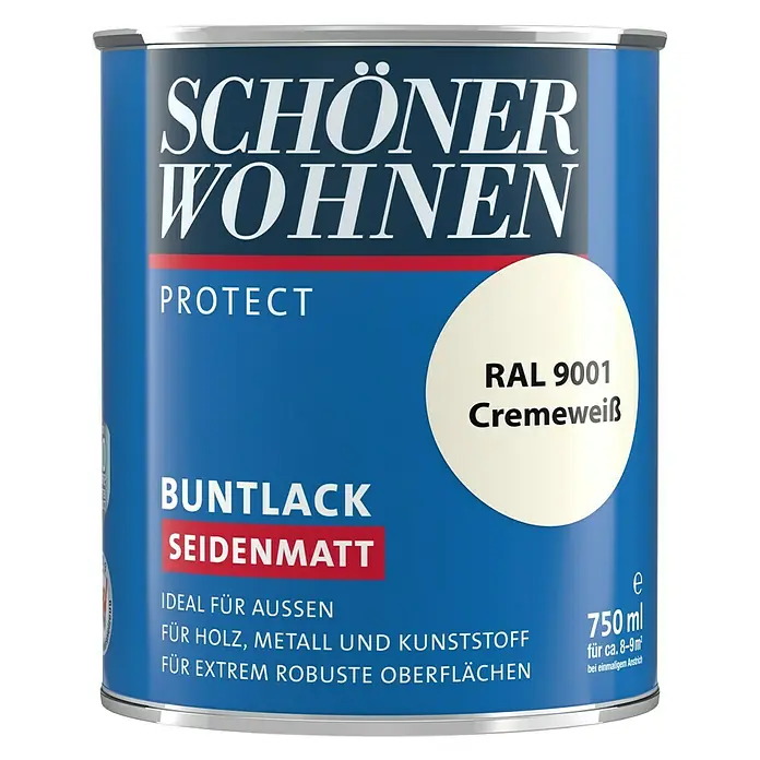 SCHÖNER WOHNEN-Farbe Protect Buntlack RAL 9001 - Cremeweiß, 750 ml, Seidenmatt - Vorderansicht