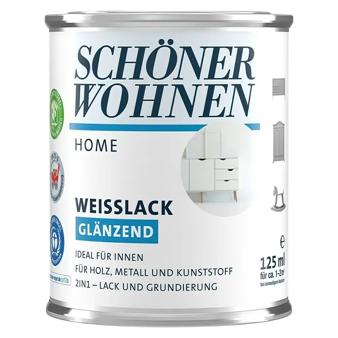SCHÖNER WOHNEN-Farbe Home Weißlack - Reinweiß, 125 ml, Glänzend - Vorderansicht