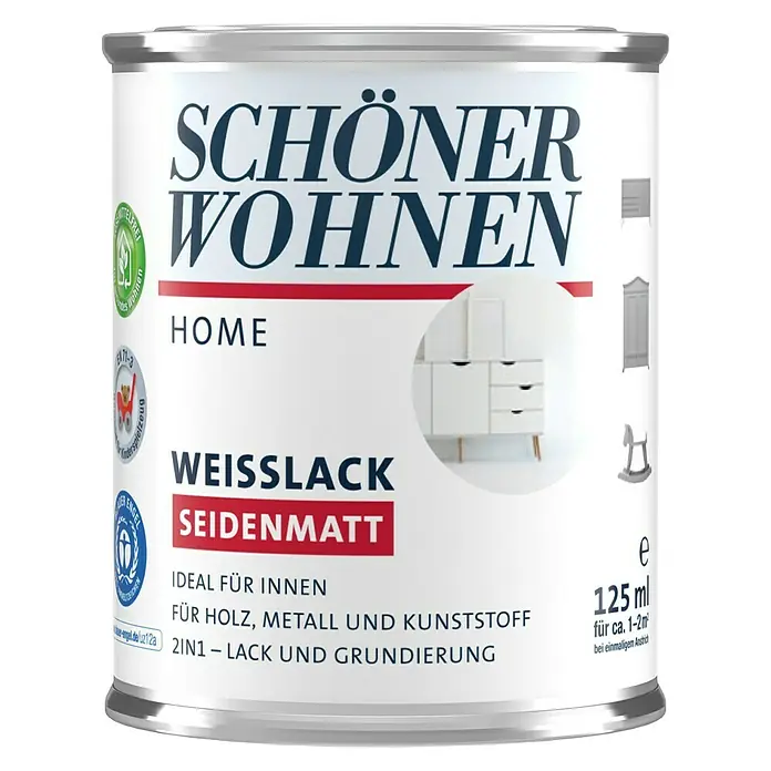 SCHÖNER WOHNEN-Farbe Home Weißlack - Reinweiß, 125 ml, Seidenmatt - Vorderansicht