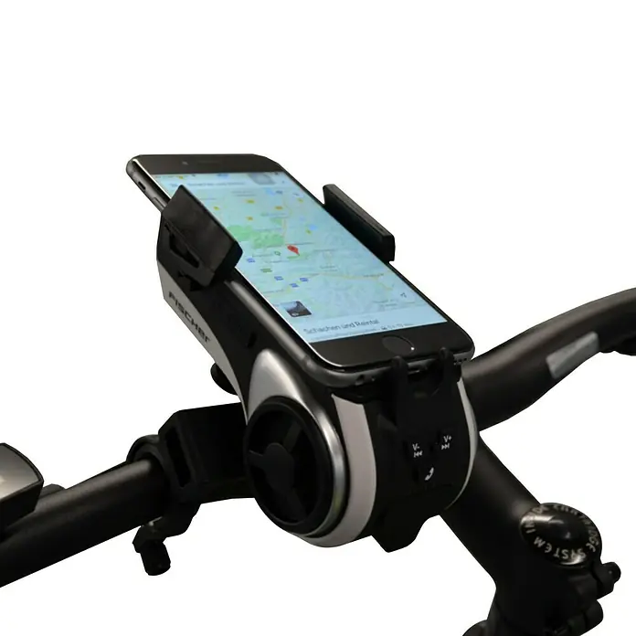 Fischer Smartphone-Halter Multimedia - Passend für: Smartphones Breite 50 - 90 mm, Bluetooth-Lautsprecher 5 W, Freisprechfunktion - Rechte Seitenansicht