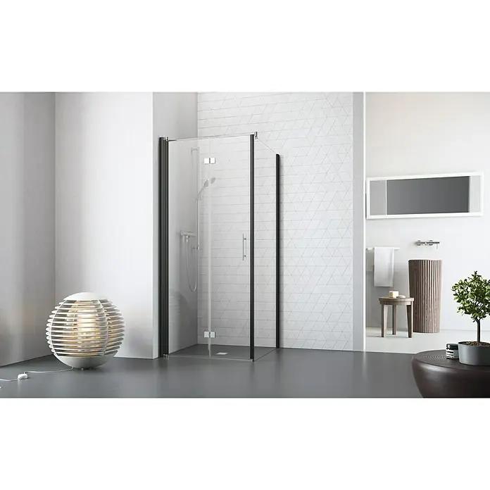 Camargue Vario Eckdusche B54+B8 - 100 x 100 x 195 cm, Beschichtet, Stärke: 6 mm, Schwarz - Vorderansicht