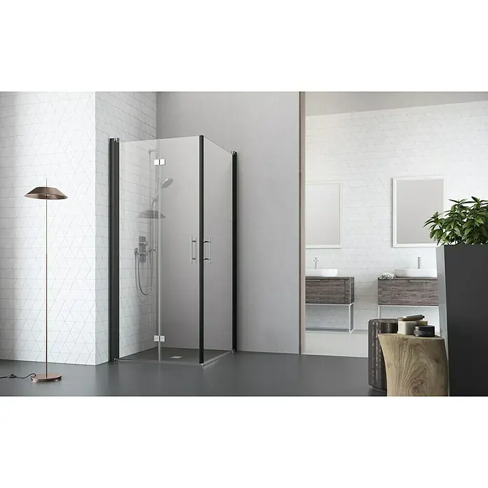 Camargue Vario Eckdusche B4+B53 - 100 x 90 x 195 cm, Beschichtet, Stärke: 6 mm, Schwarz - Vorderansicht