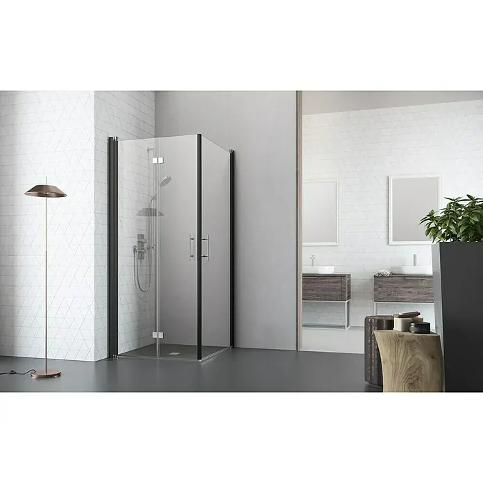 Camargue Vario Eckdusche B2+B52 - 80 x 80 x 195 cm, Beschichtet, Stärke: 6 mm, Schwarz - Vorderansicht