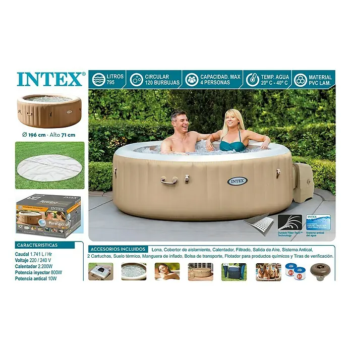 Intex Pure Spa Hidromasaje para exterior Pure Spa Bubble 77 Circular - Ø x Al: 196 x 71 cm, 0,8 m³, Apto para: 4 adultos, Beige/Blanco