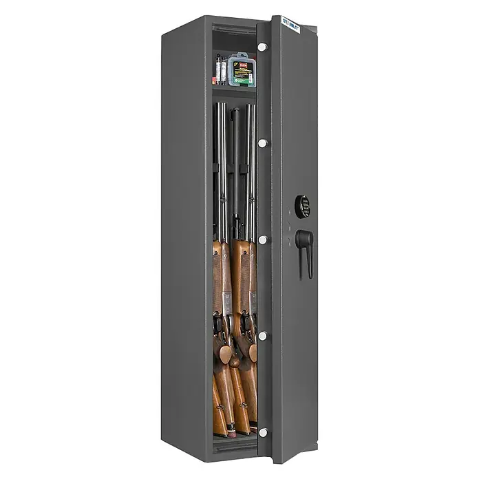 Stabilit Waffenschrank Country 205 E - Geeignet für: Gemeinsame Aufbewahrung von Waffen und Munition, Einstellhöhe: Max. 1.318 mm, Zahlenschloss elektronisch, Halterungen: 5 - Anwendungsbeispiel