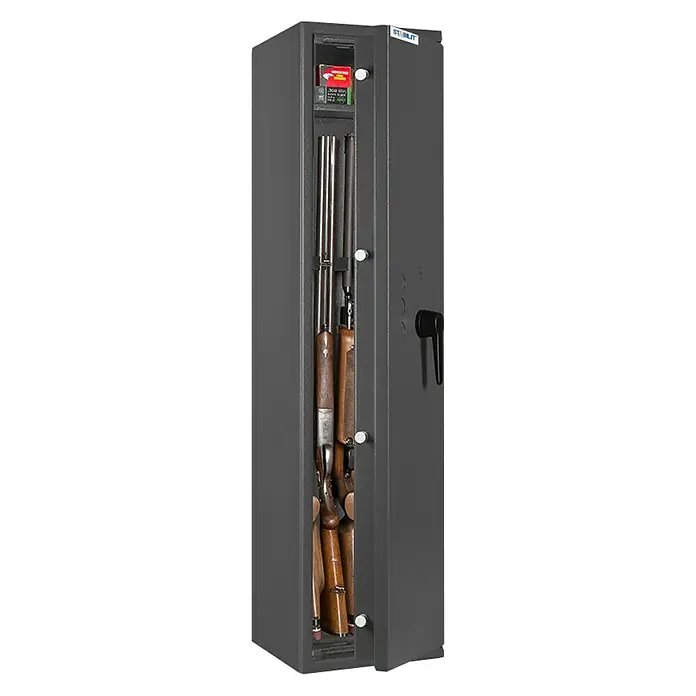 Stabilit Waffenschrank Country 204 - Geeignet für: Gemeinsame Aufbewahrung von Waffen und Munition, Einstellhöhe: 1.240 mm, Doppelbart-Hochsicherheitsschloss, Halterungen: 4 - Anwendungsbeispiel