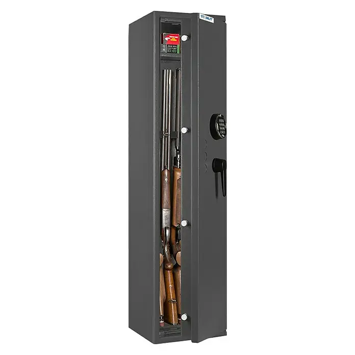 Stabilit Waffenschrank Country 204 E - Geeignet für: Gemeinsame Aufbewahrung von Waffen und Munition, Einstellhöhe: 1.240 mm, Zahlenschloss elektronisch, Halterungen: 4 - Anwendungsbeispiel