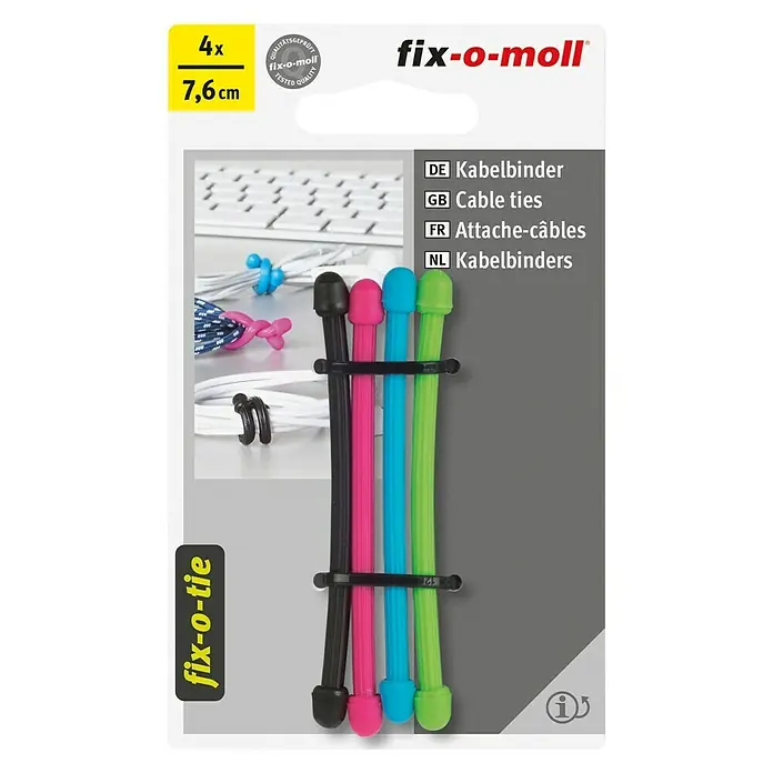 Fix-o-moll Kabelbinder fix-o-tie - Schwarz, Pink, Blau, Grün, Ø x L: 4 x 76 mm, 4 Stk. - Vorderansicht