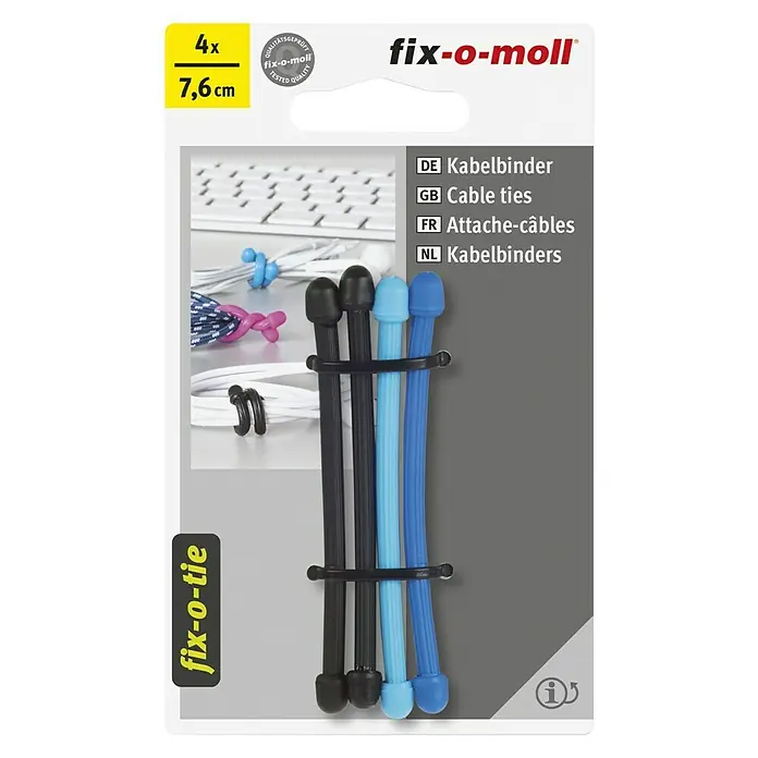 Fix-o-moll Kabelbinders fix-o-tie 3 kleuren - Blauw, Zwart, Ø x l: 4 x 76 mm, 4 stk.