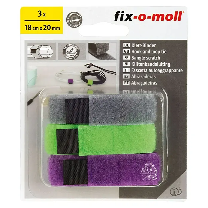 Fix-o-moll Klettbinder - L x B: 18 cm x 20 mm, Grau, Grün, Lila, 3 Stk. - Vorderansicht